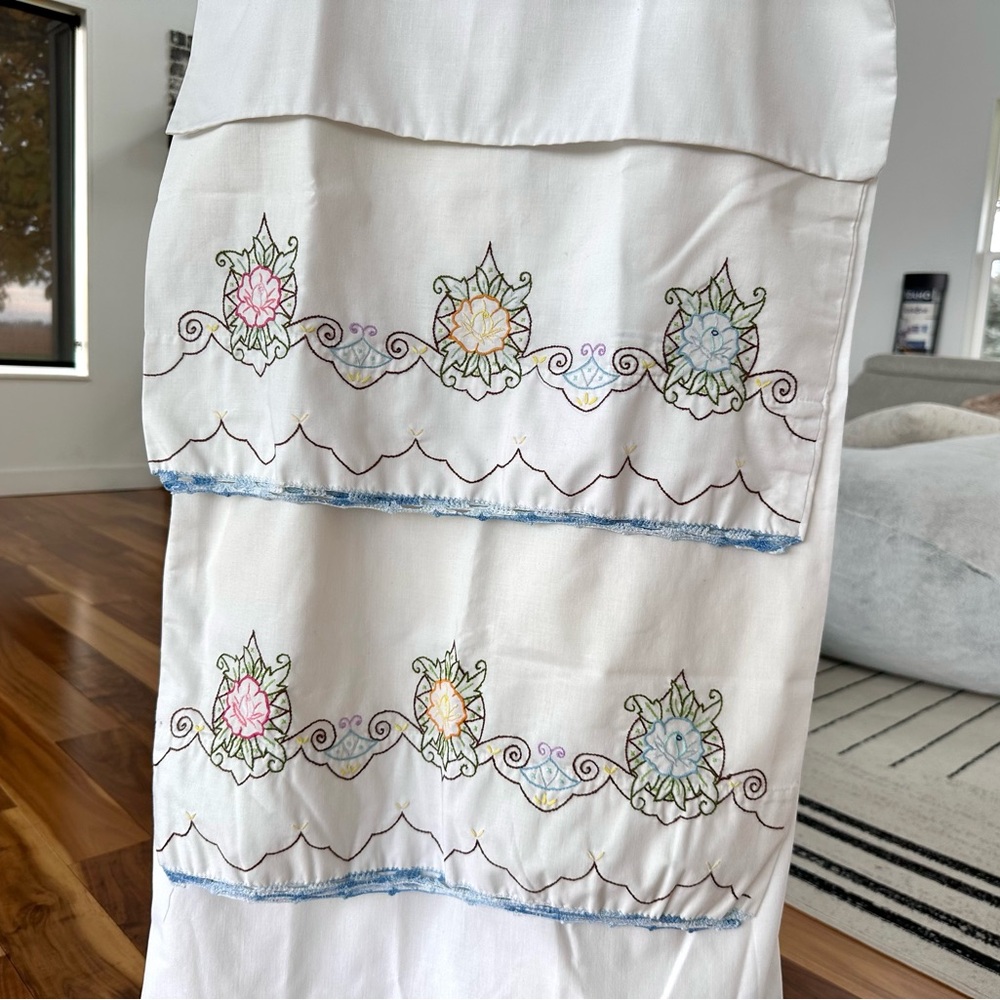 Vintage Hand Embroidered Sheet and Pillow Case - Set of 3